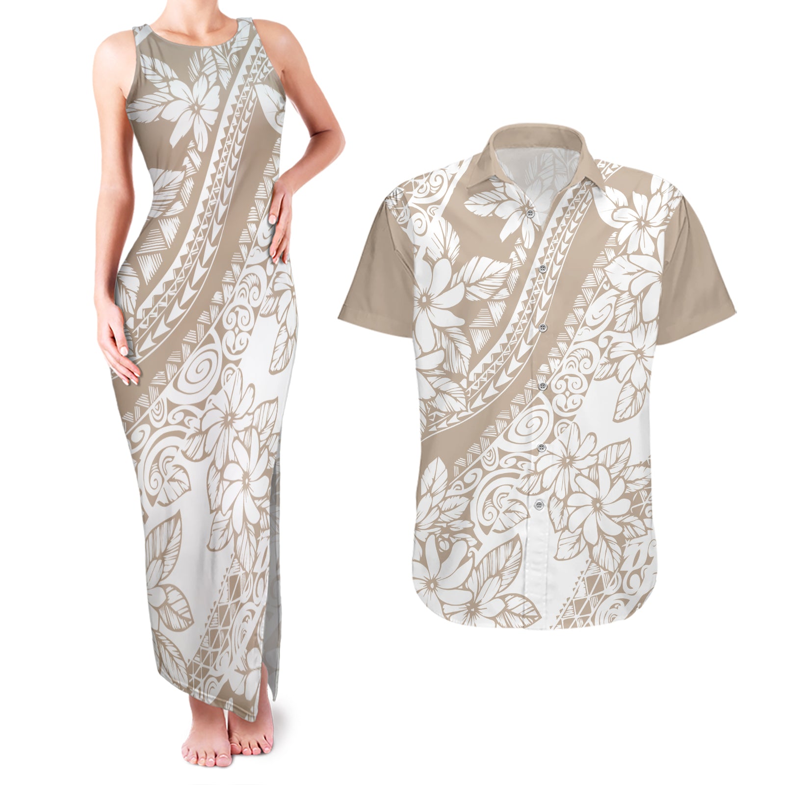 Polynesia Couples Matching Tank Maxi Dress and Hawaiian Shirt Polynesian Tropical Flowers Beige Pastel Vibes LT14 Beige - Polynesian Pride