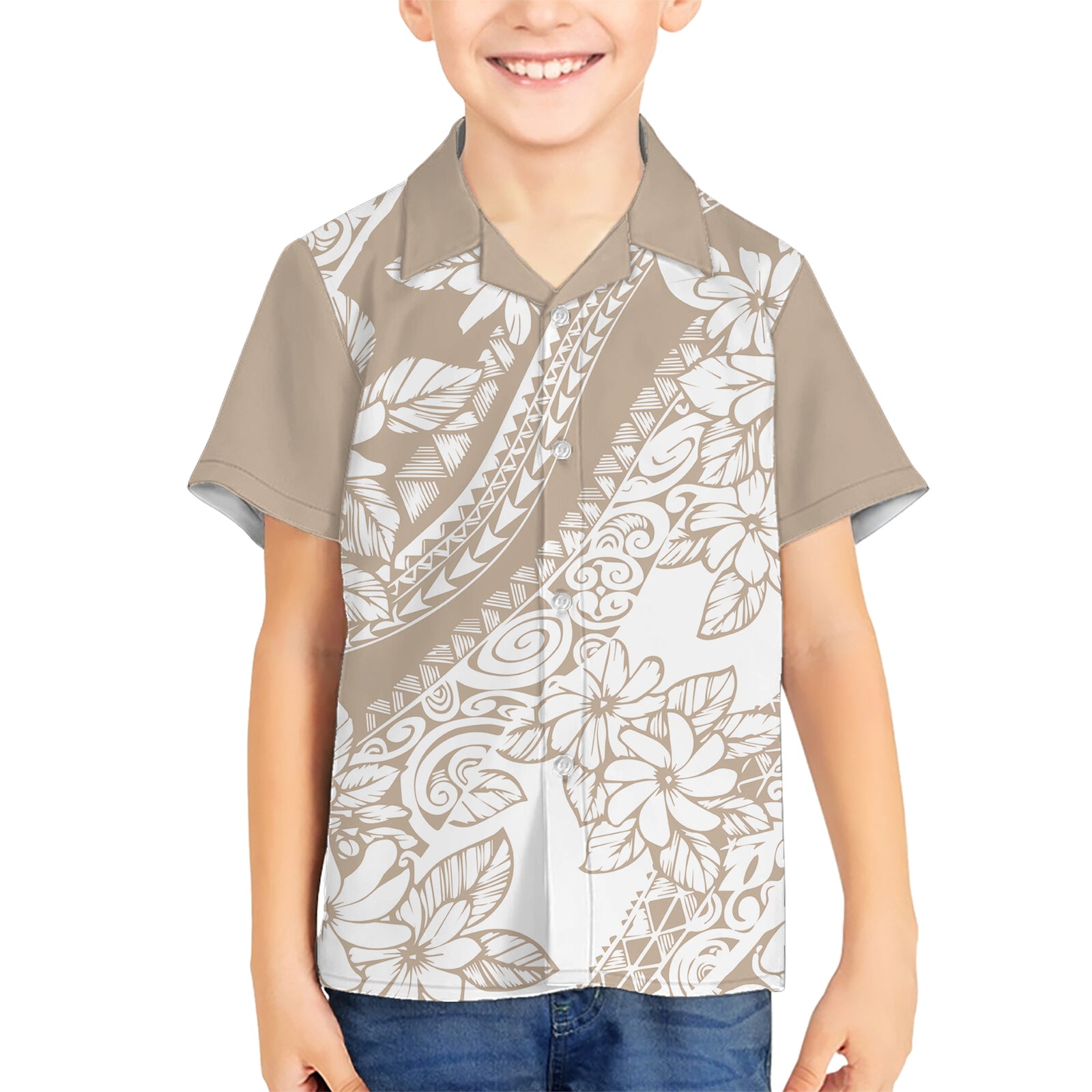 Polynesia Kid Hawaiian Shirt Polynesian Tropical Flowers Beige Pastel Vibes LT14 Kid Beige - Polynesian Pride