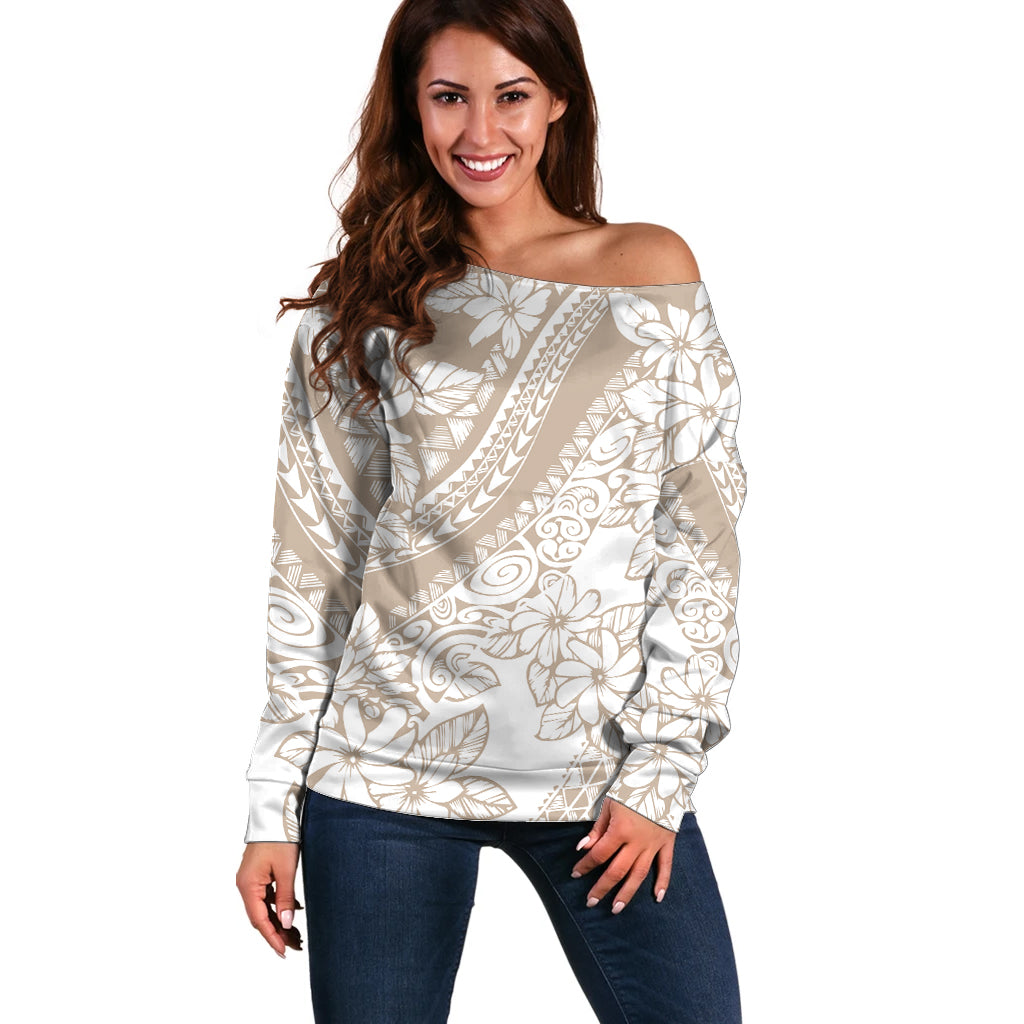 Polynesia Off Shoulder Sweater Polynesian Tropical Flowers Beige Pastel Vibes LT14 Women Beige - Polynesian Pride