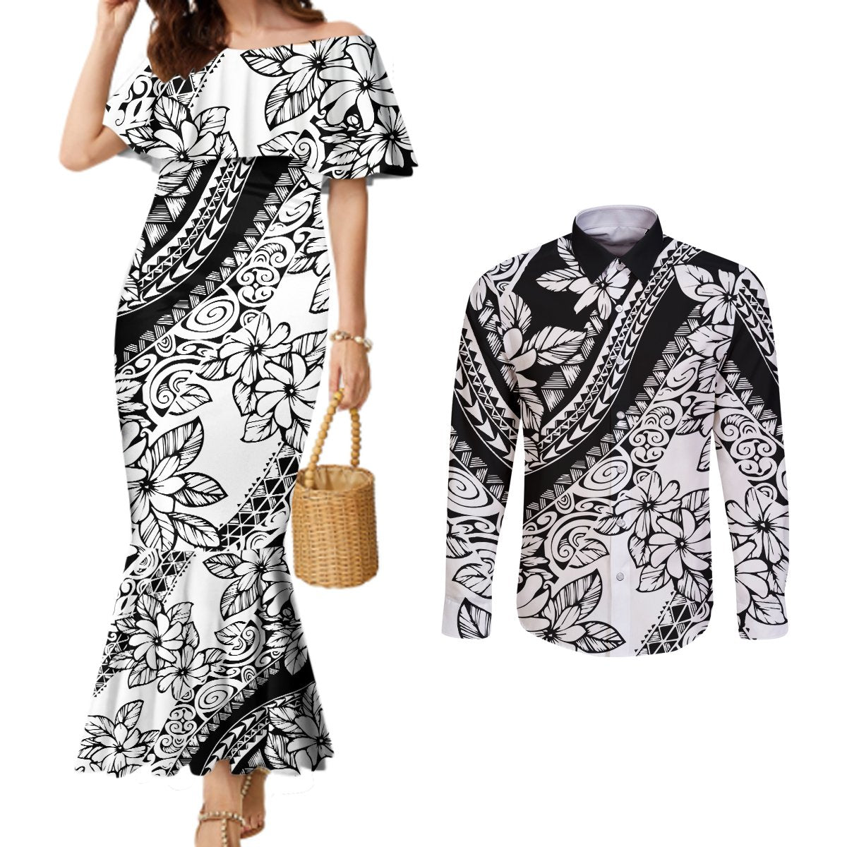 Polynesia Couples Matching Mermaid Dress and Long Sleeve Button Shirts Polynesian Tropical Flowers Black Pastel Vibes LT14 Black - Polynesian Pride