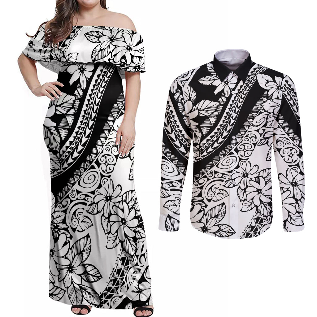 Polynesia Couples Matching Off Shoulder Maxi Dress and Long Sleeve Button Shirts Polynesian Tropical Flowers Black Pastel Vibes LT14 Black - Polynesian Pride