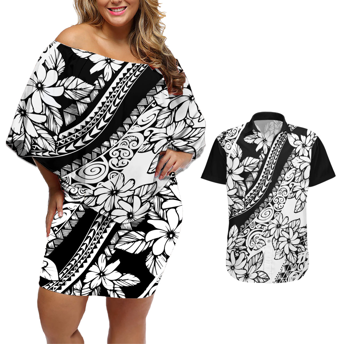 polynesia-couples-matching-off-shoulder-short-dress-and-hawaiian-shirt-polynesian-tropical-flowers-black-pastel-vibes