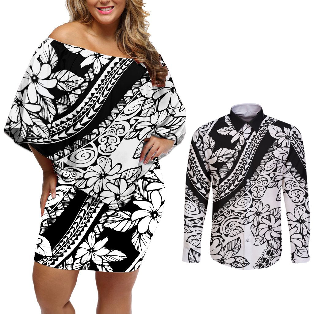 Polynesia Couples Matching Off Shoulder Short Dress and Long Sleeve Button Shirts Polynesian Tropical Flowers Black Pastel Vibes LT14 Black - Polynesian Pride
