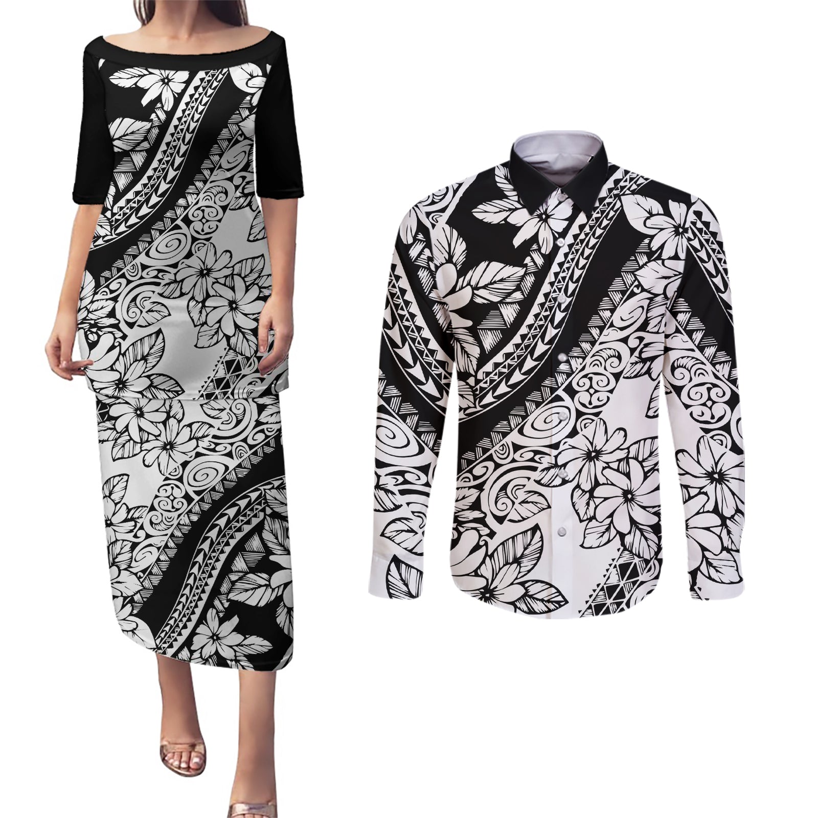 polynesia-couples-matching-puletasi-dress-and-long-sleeve-button-shirts-polynesian-tropical-flowers-black-pastel-vibes