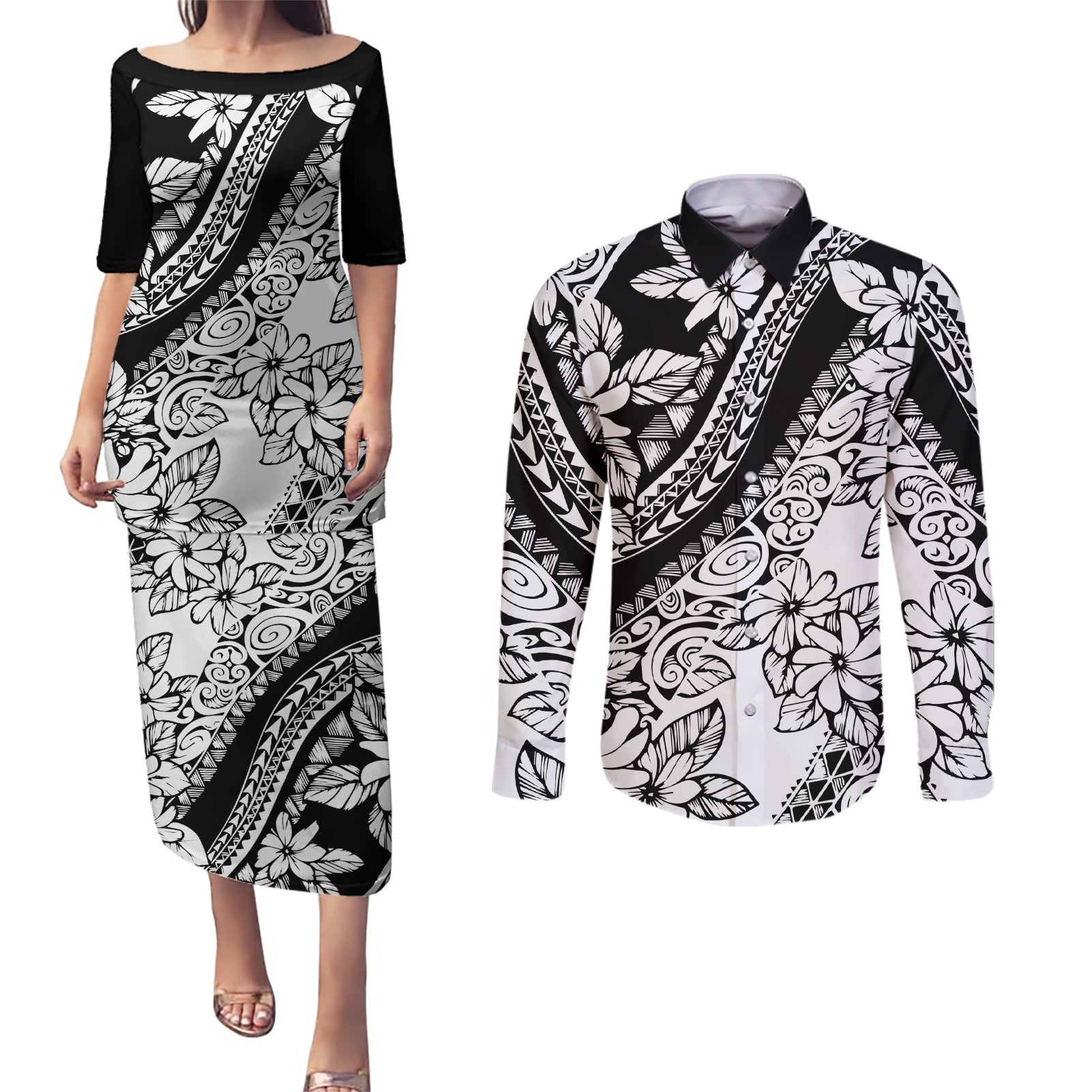 polynesia-couples-matching-puletasi-dress-and-long-sleeve-button-shirts-polynesian-tropical-flowers-black-pastel-vibes