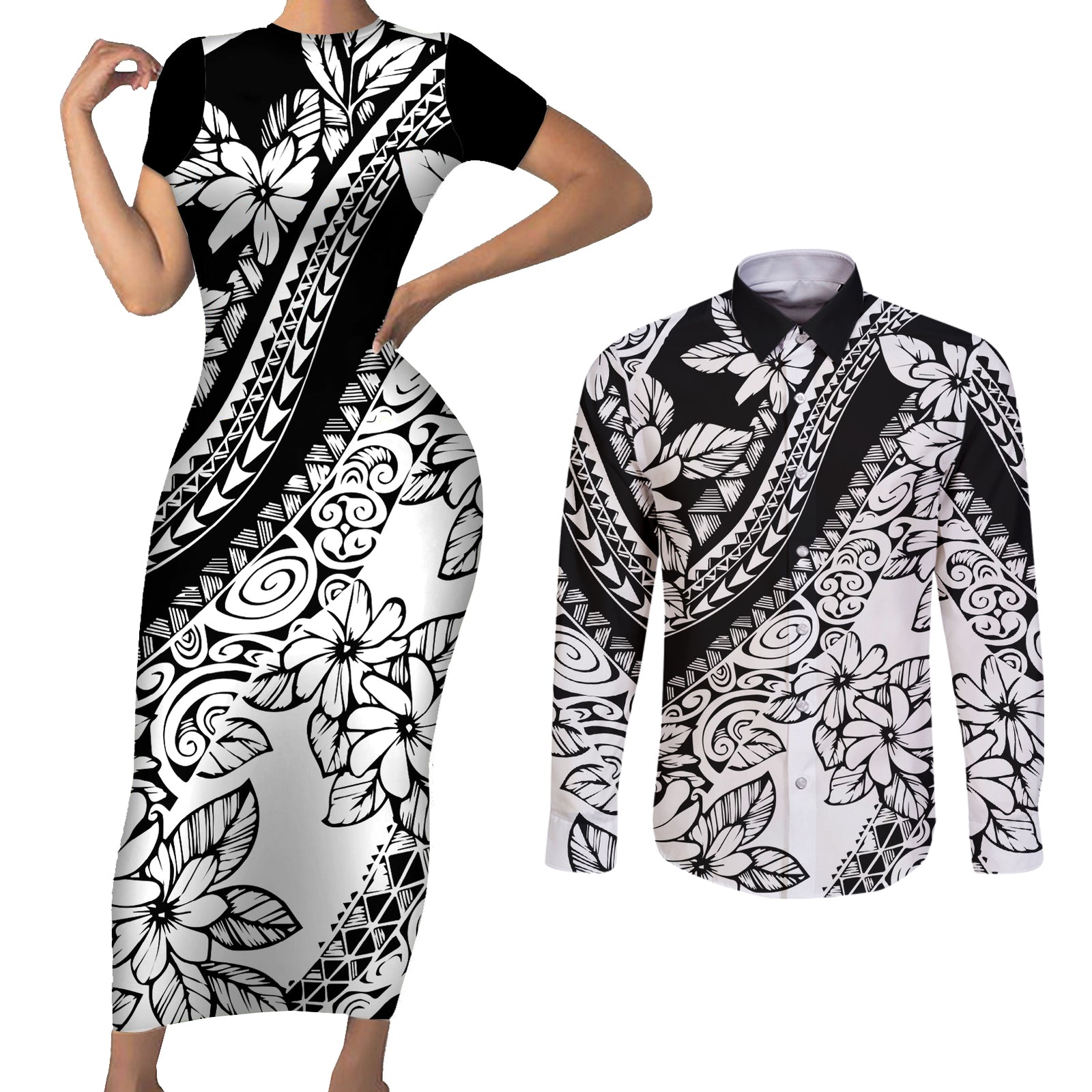 Polynesia Couples Matching Short Sleeve Bodycon Dress and Long Sleeve Button Shirts Polynesian Tropical Flowers Black Pastel Vibes LT14 Black - Polynesian Pride
