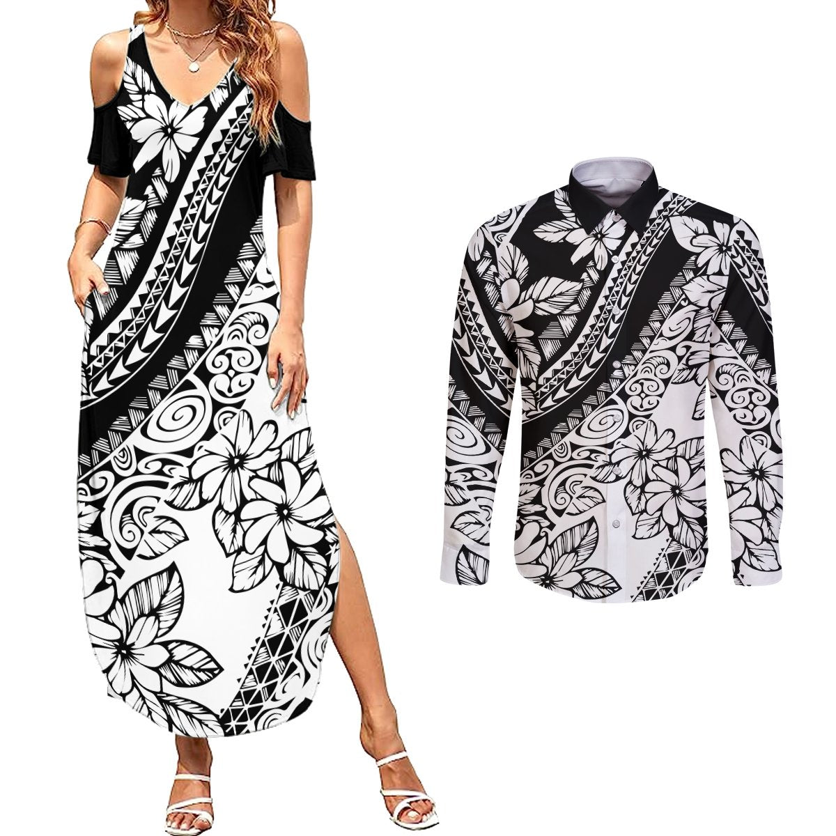 Polynesia Couples Matching Summer Maxi Dress and Long Sleeve Button Shirts Polynesian Tropical Flowers Black Pastel Vibes LT14 Black - Polynesian Pride
