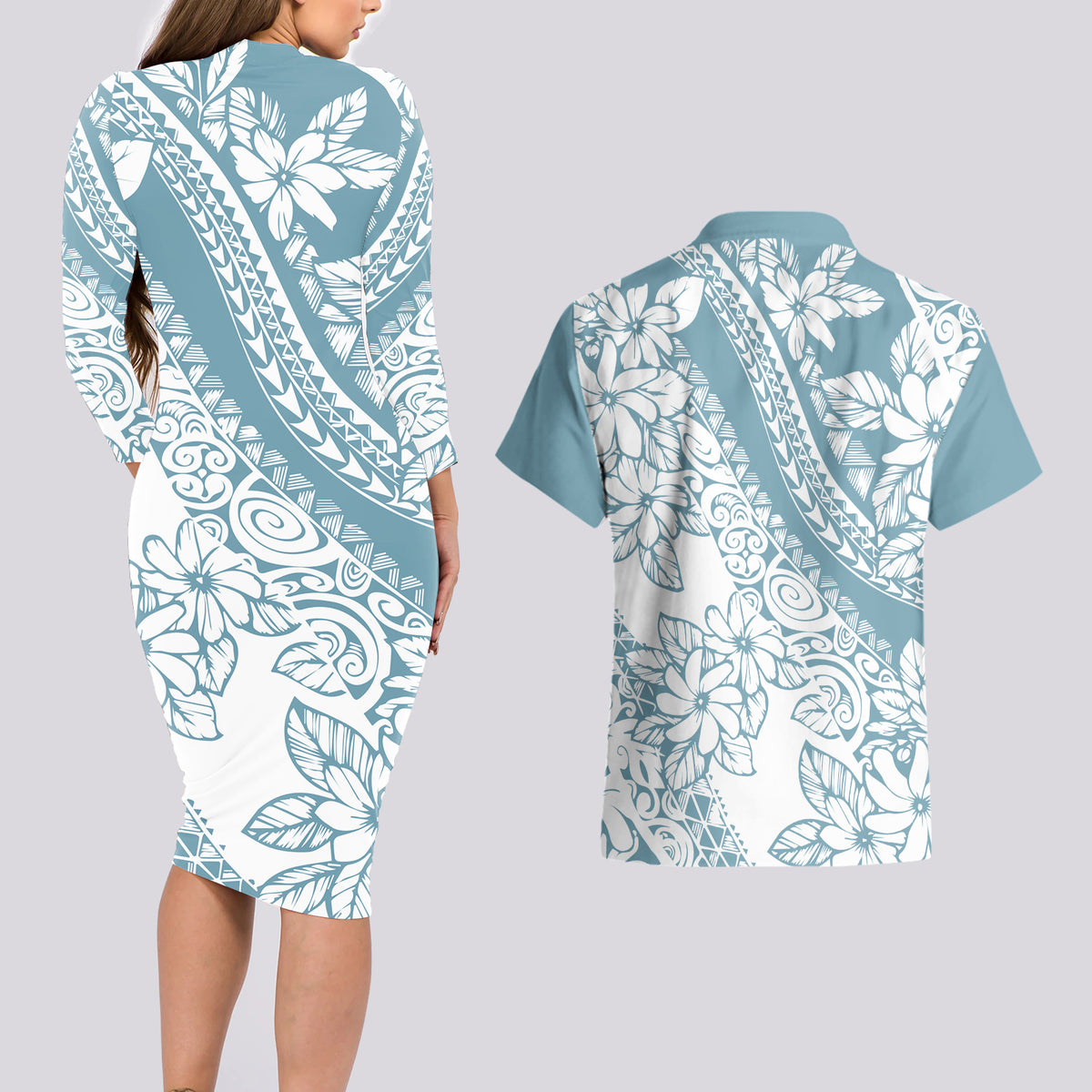 Polynesia Couples Matching Long Sleeve Bodycon Dress and Hawaiian Shirt Polynesian Tropical Flowers Blue Pastel Vibes LT14 - Polynesian Pride