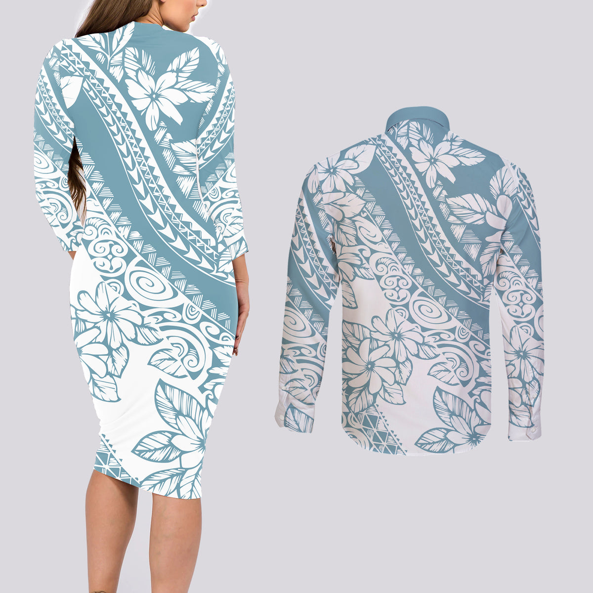 Polynesia Couples Matching Long Sleeve Bodycon Dress and Long Sleeve Button Shirts Polynesian Tropical Flowers Blue Pastel Vibes LT14 - Polynesian Pride