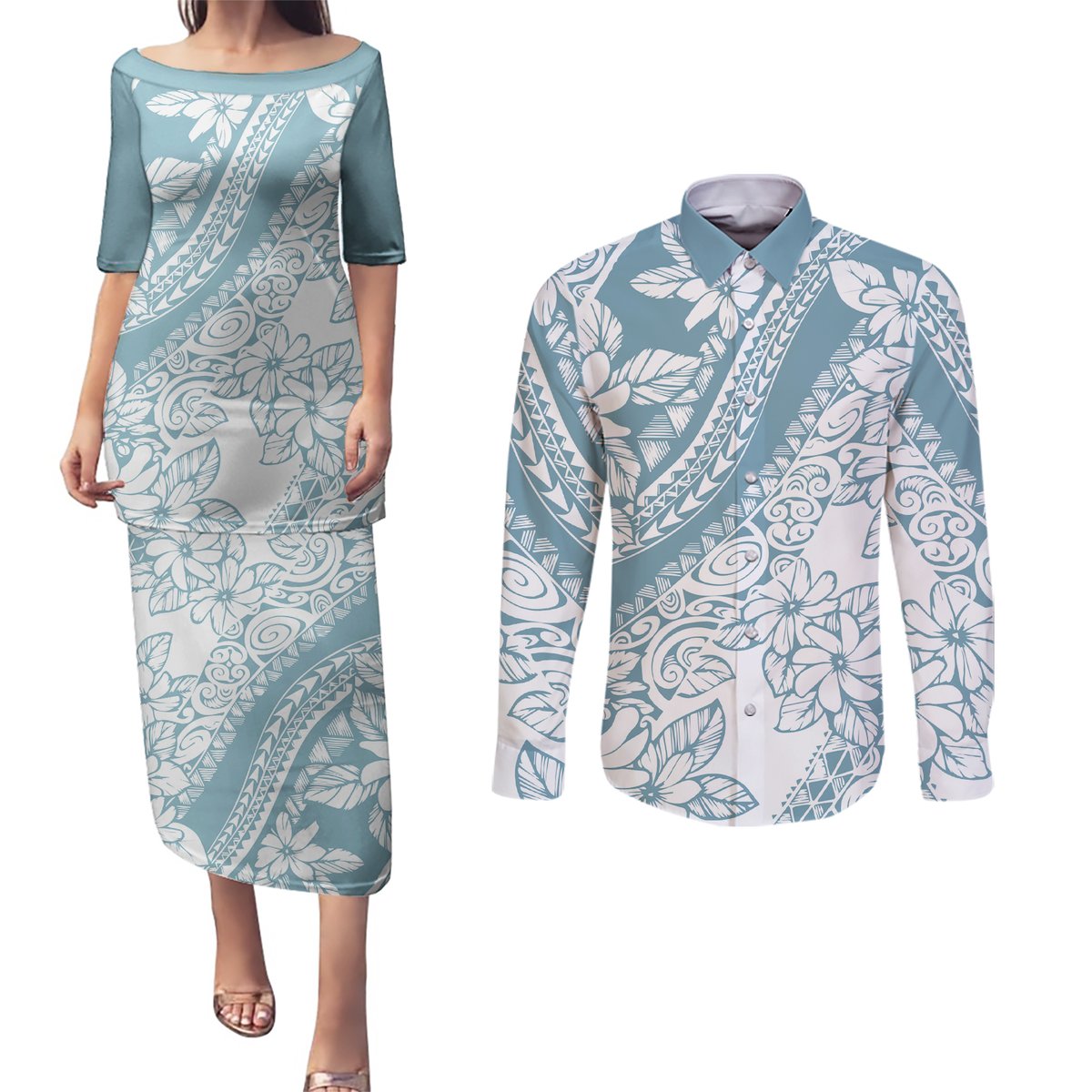 Polynesia Couples Matching Puletasi Dress and Long Sleeve Button Shirts Polynesian Tropical Flowers Blue Pastel Vibes LT14 Blue - Polynesian Pride