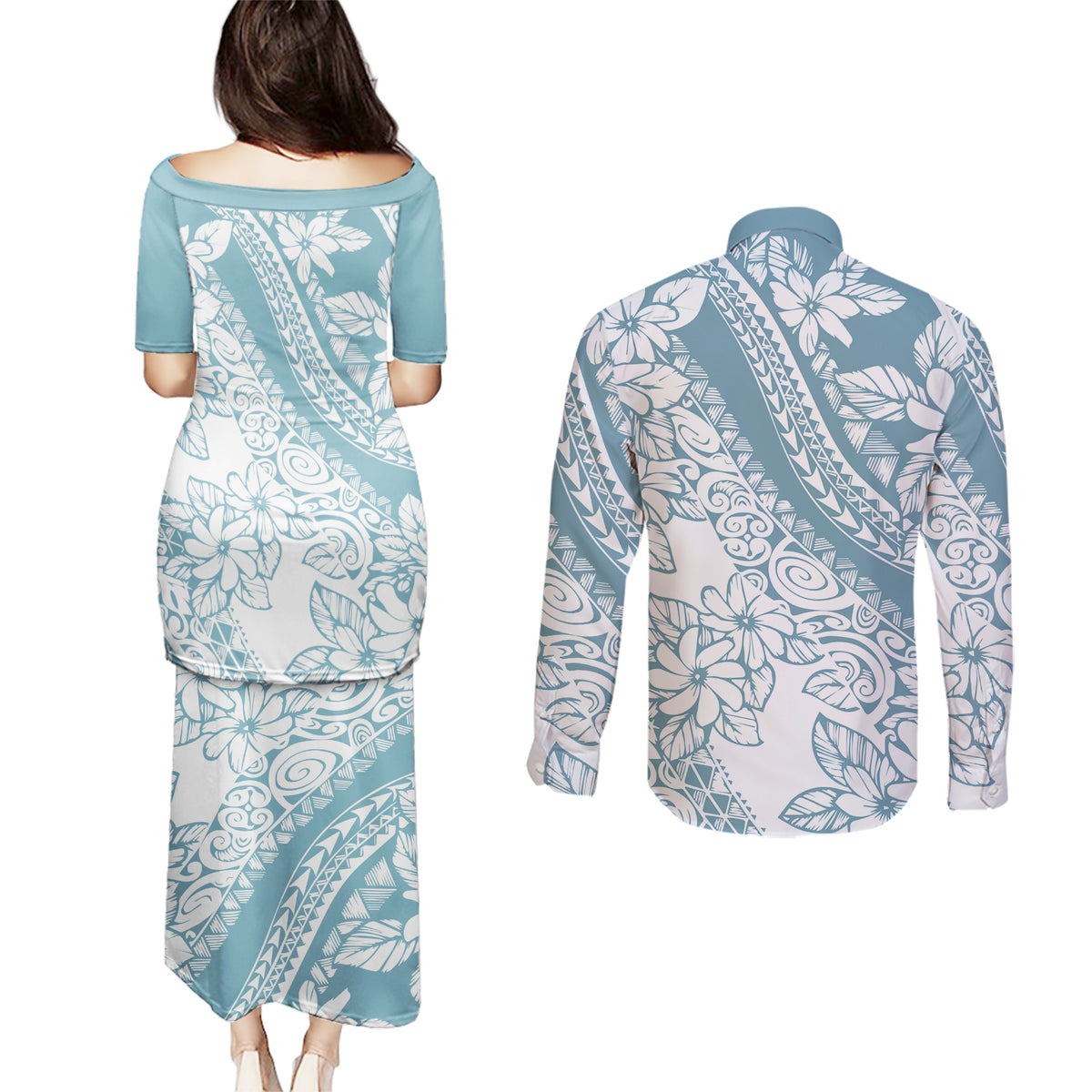 polynesia-couples-matching-puletasi-dress-and-long-sleeve-button-shirts-polynesian-tropical-flowers-blue-pastel-vibes