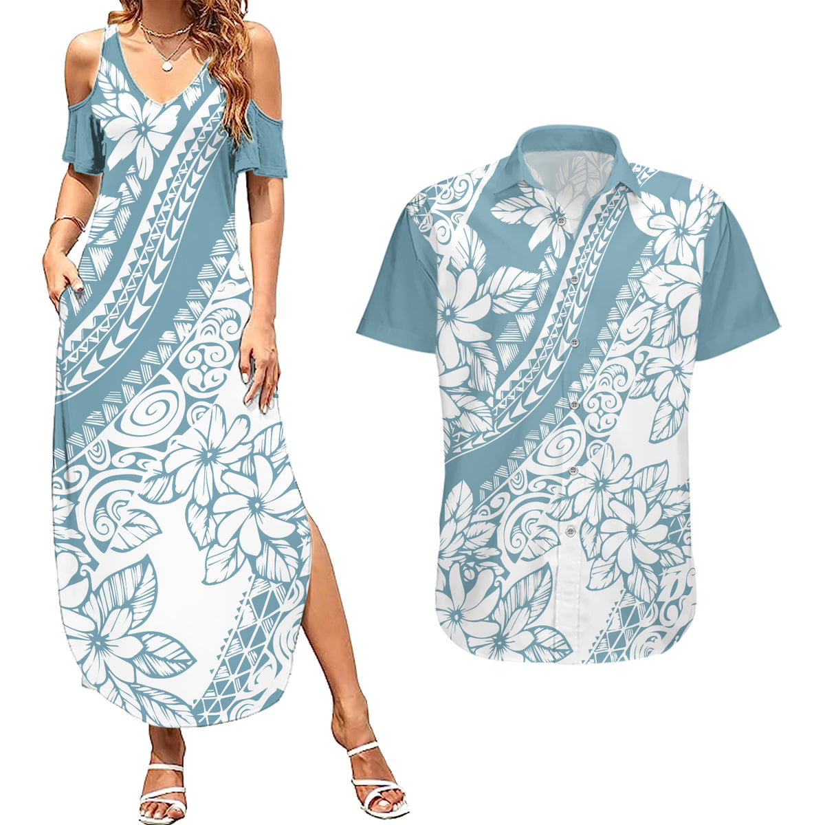 polynesia-couples-matching-summer-maxi-dress-and-hawaiian-shirt-polynesian-tropical-flowers-blue-pastel-vibes