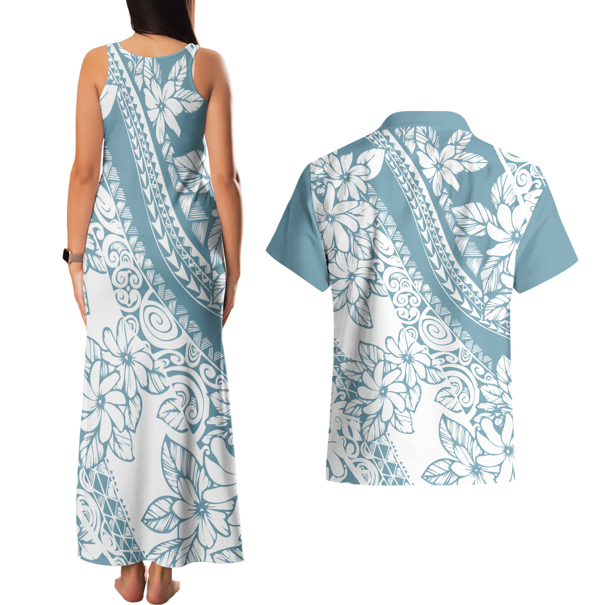 polynesia-couples-matching-tank-maxi-dress-and-hawaiian-shirt-polynesian-tropical-flowers-blue-pastel-vibes