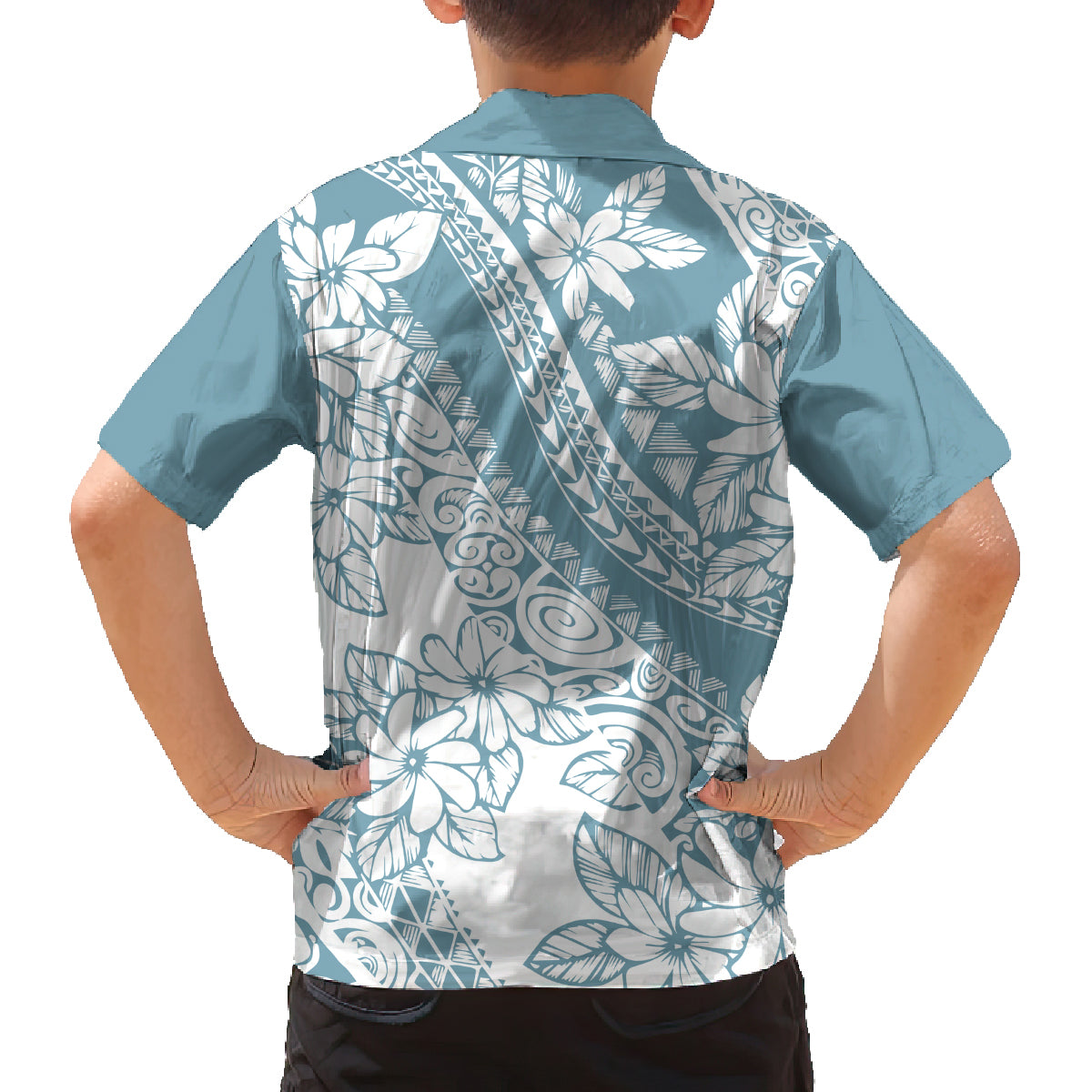 polynesia-family-matching-off-shoulder-short-dress-and-hawaiian-shirt-polynesian-tropical-flowers-blue-pastel-vibes