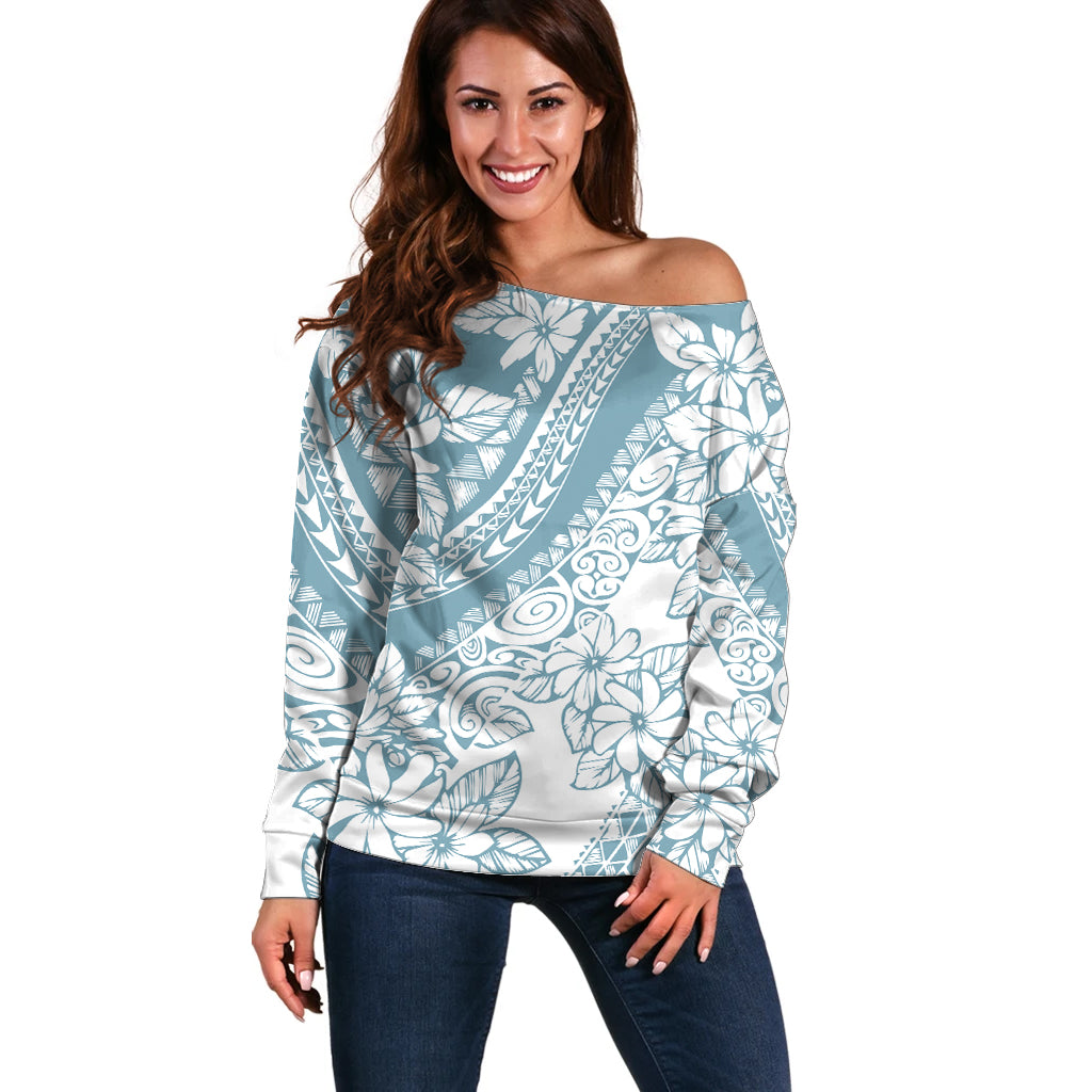 Polynesia Off Shoulder Sweater Polynesian Tropical Flowers Blue Pastel Vibes LT14 Women Blue - Polynesian Pride