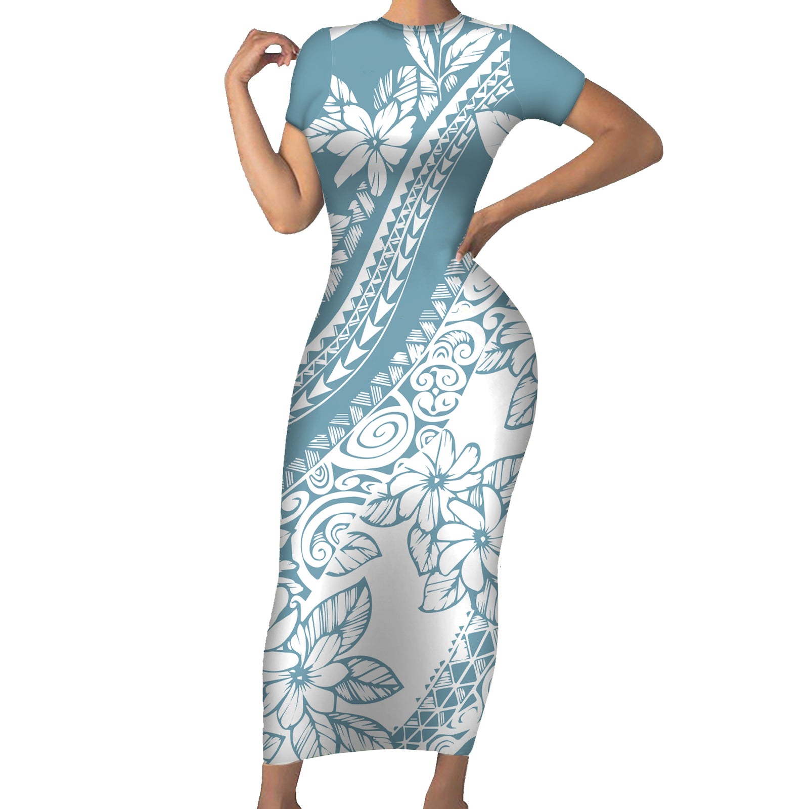 Polynesia Short Sleeve Bodycon Dress Polynesian Tropical Flowers Blue Pastel Vibes LT14 Long Dress Blue - Polynesian Pride