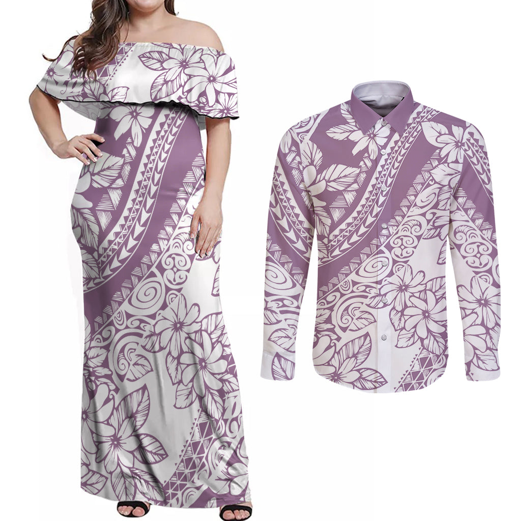 Polynesia Couples Matching Off Shoulder Maxi Dress and Long Sleeve Button Shirts Polynesian Tropical Flowers Purple Pastel Vibes LT14 Purple - Polynesian Pride