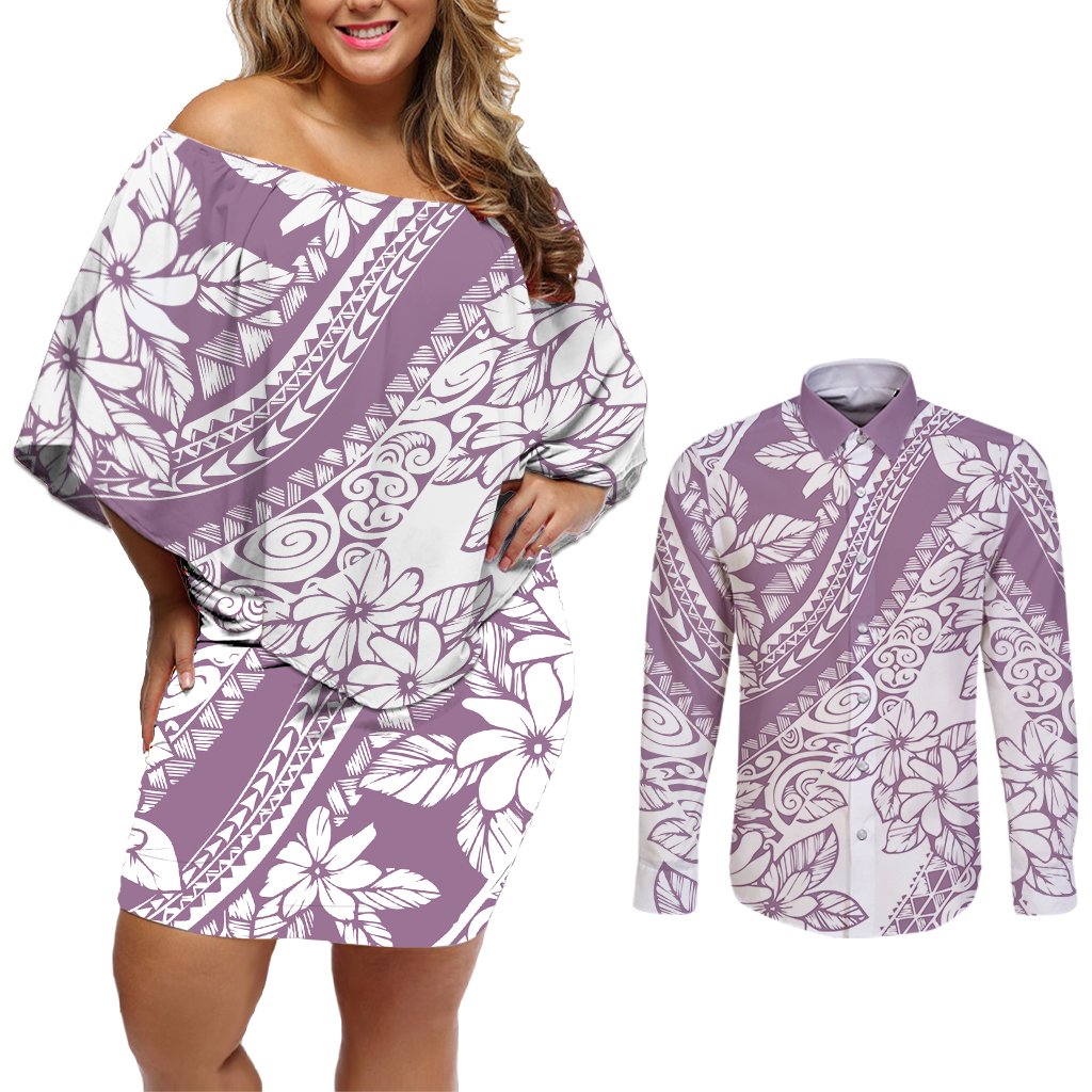 polynesia-couples-matching-off-shoulder-short-dress-and-long-sleeve-button-shirts-polynesian-tropical-flowers-purple-pastel-vibes