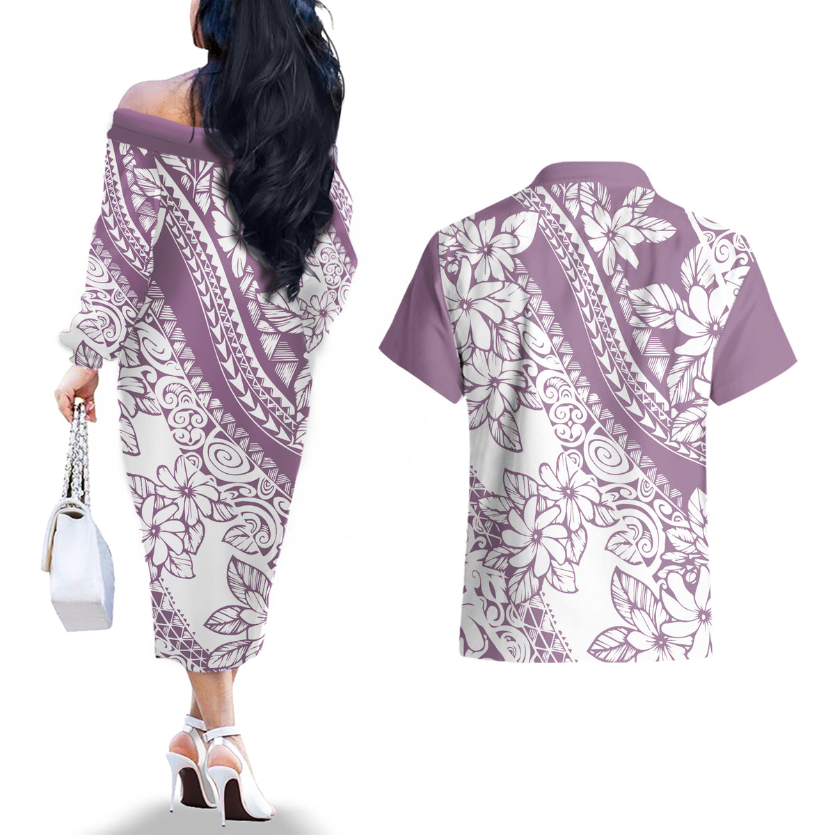 polynesia-couples-matching-off-the-shoulder-long-sleeve-dress-and-hawaiian-shirt-polynesian-tropical-flowers-purple-pastel-vibes