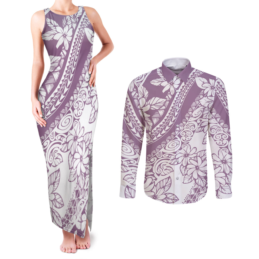 polynesia-couples-matching-tank-maxi-dress-and-long-sleeve-button-shirts-polynesian-tropical-flowers-purple-pastel-vibes