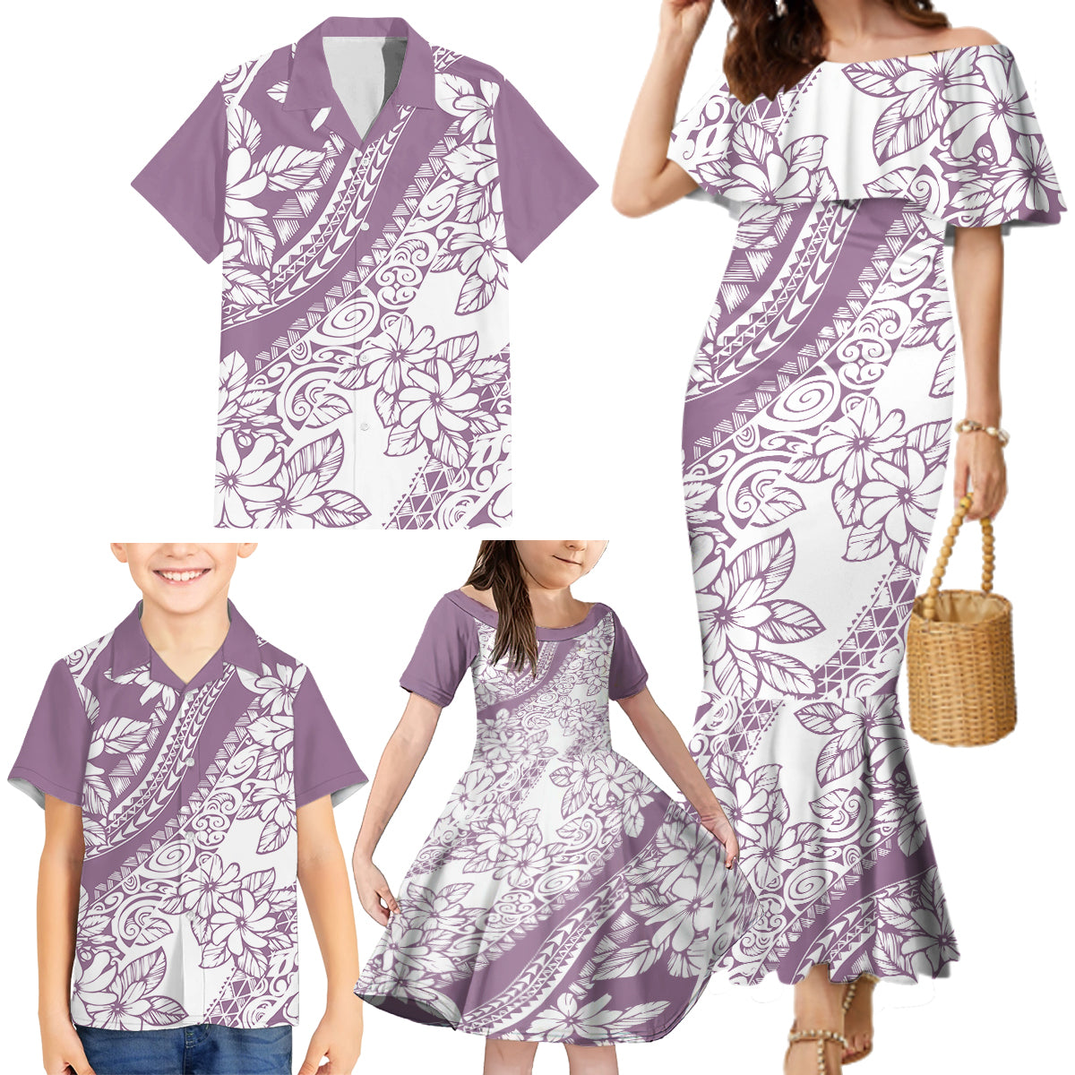 Polynesia Family Matching Mermaid Dress and Hawaiian Shirt Polynesian Tropical Flowers Purple Pastel Vibes LT14 - Polynesian Pride
