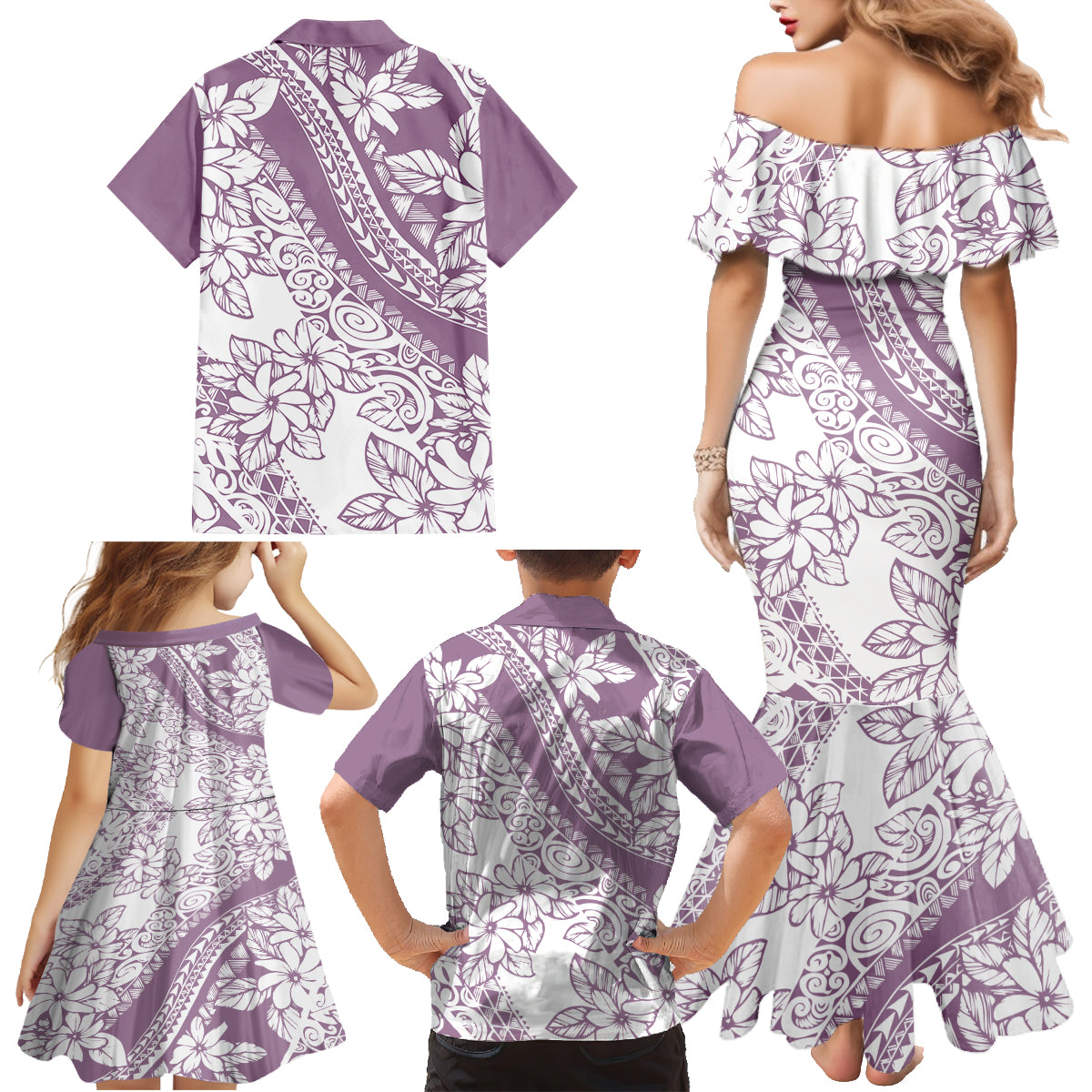 Polynesia Family Matching Mermaid Dress and Hawaiian Shirt Polynesian Tropical Flowers Purple Pastel Vibes LT14 - Polynesian Pride