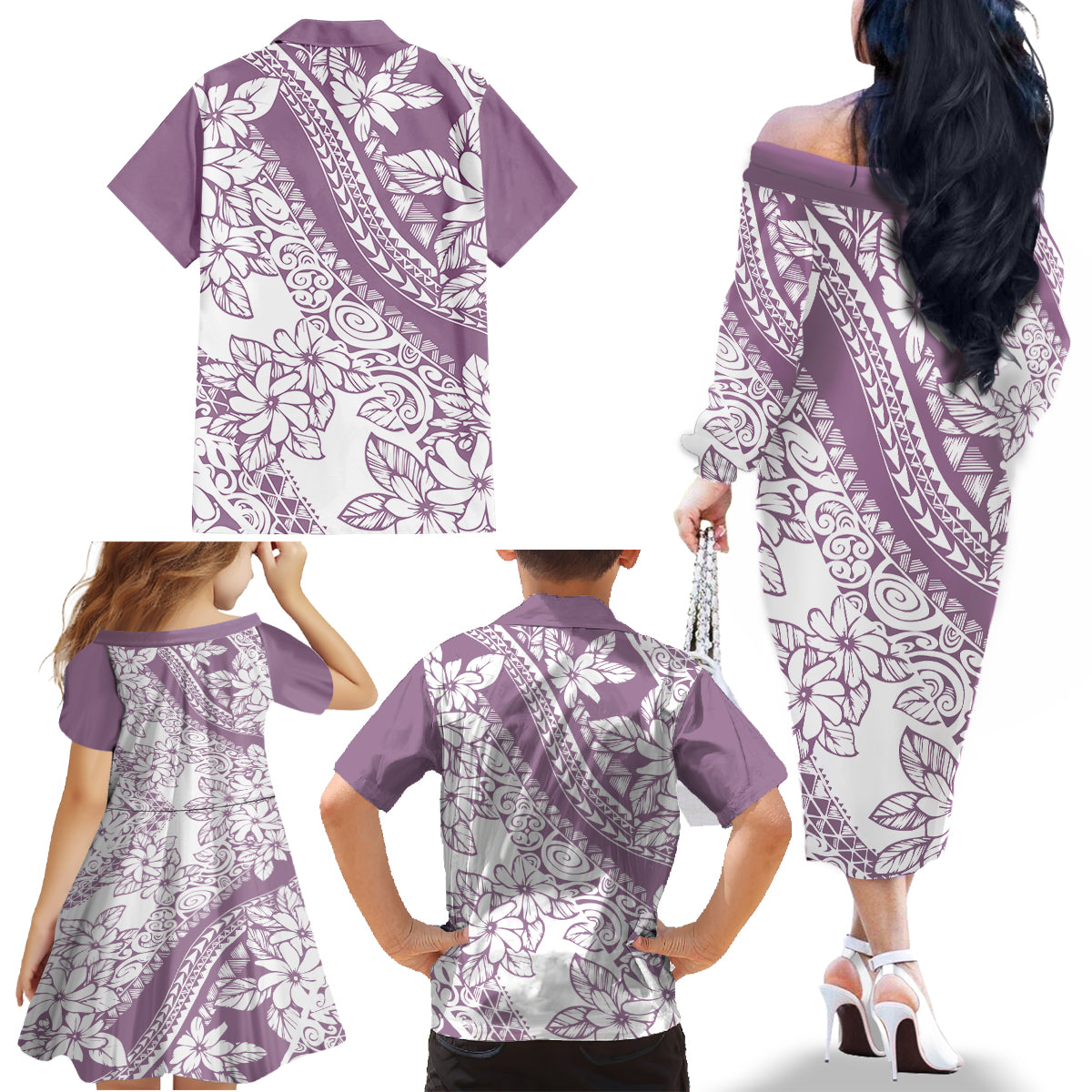 Polynesia Family Matching Off Shoulder Long Sleeve Dress and Hawaiian Shirt Polynesian Tropical Flowers Purple Pastel Vibes LT14 - Polynesian Pride