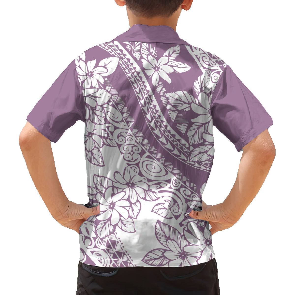 polynesia-family-matching-off-shoulder-short-dress-and-hawaiian-shirt-polynesian-tropical-flowers-purple-pastel-vibes