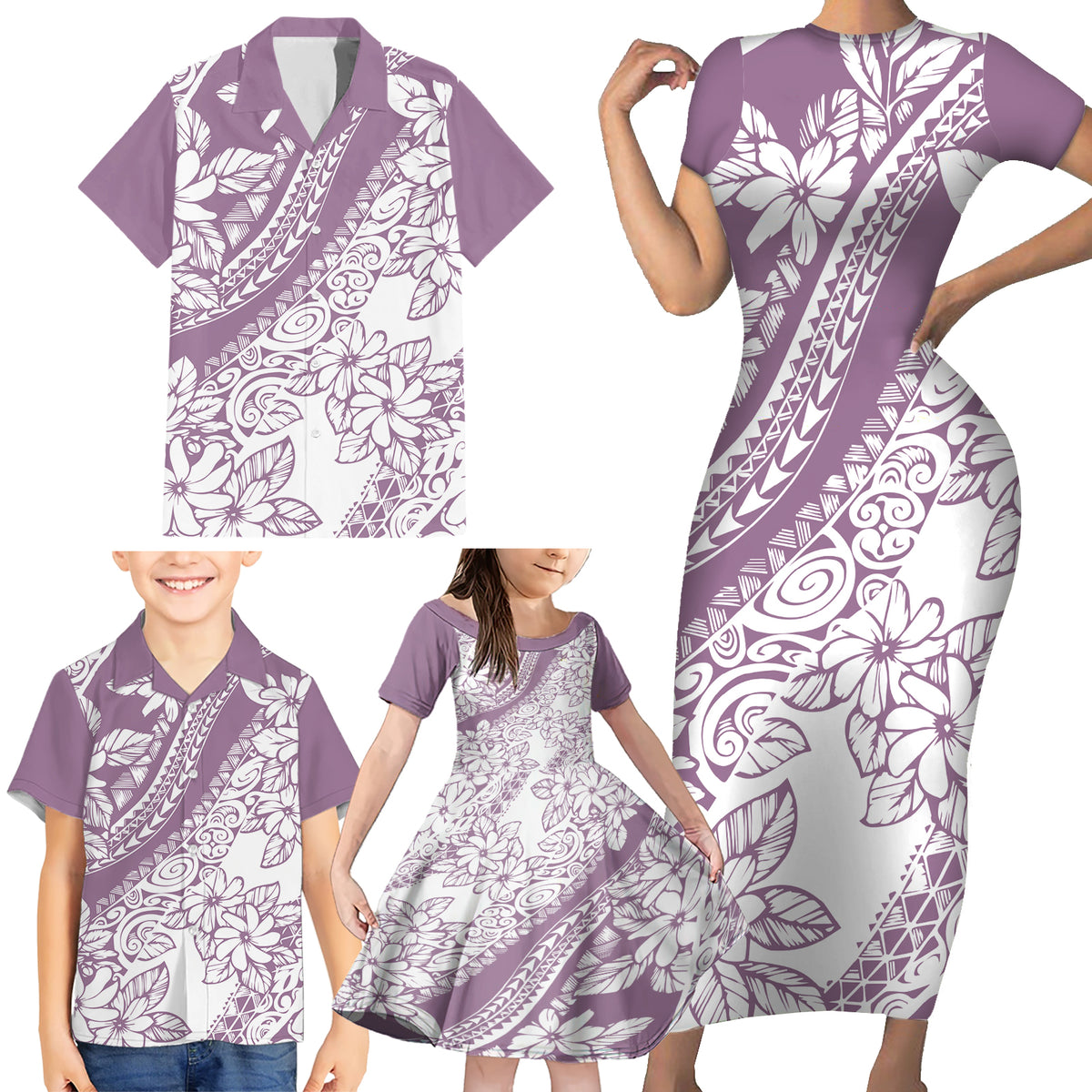 Polynesia Family Matching Short Sleeve Bodycon Dress and Hawaiian Shirt Polynesian Tropical Flowers Purple Pastel Vibes LT14 - Polynesian Pride