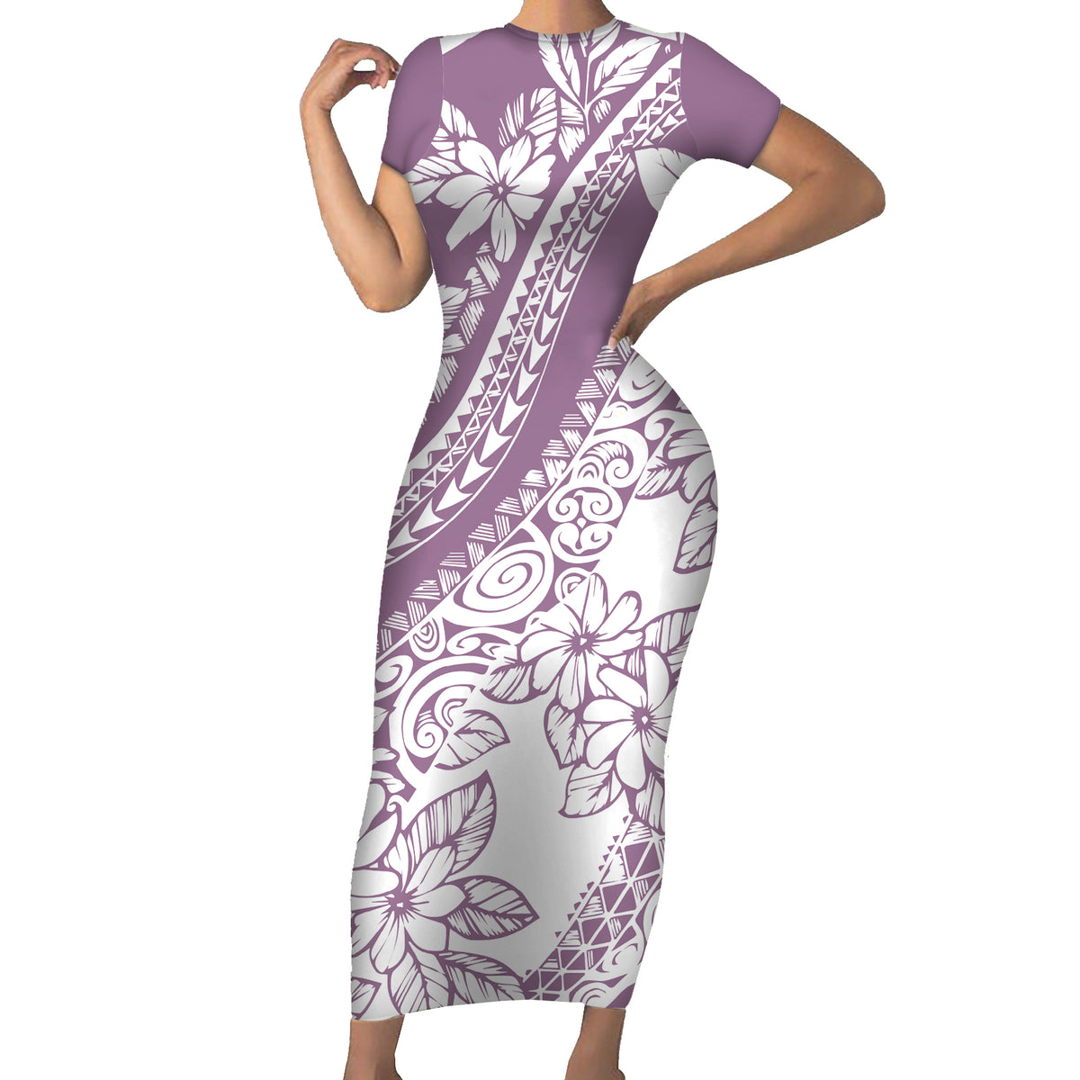 Polynesia Family Matching Short Sleeve Bodycon Dress and Hawaiian Shirt Polynesian Tropical Flowers Purple Pastel Vibes LT14 Mom's Dress Purple - Polynesian Pride