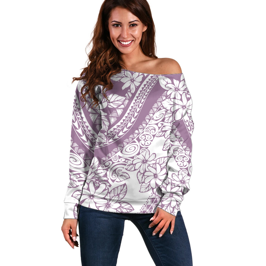 Polynesia Off Shoulder Sweater Polynesian Tropical Flowers Purple Pastel Vibes LT14 Women Purple - Polynesian Pride