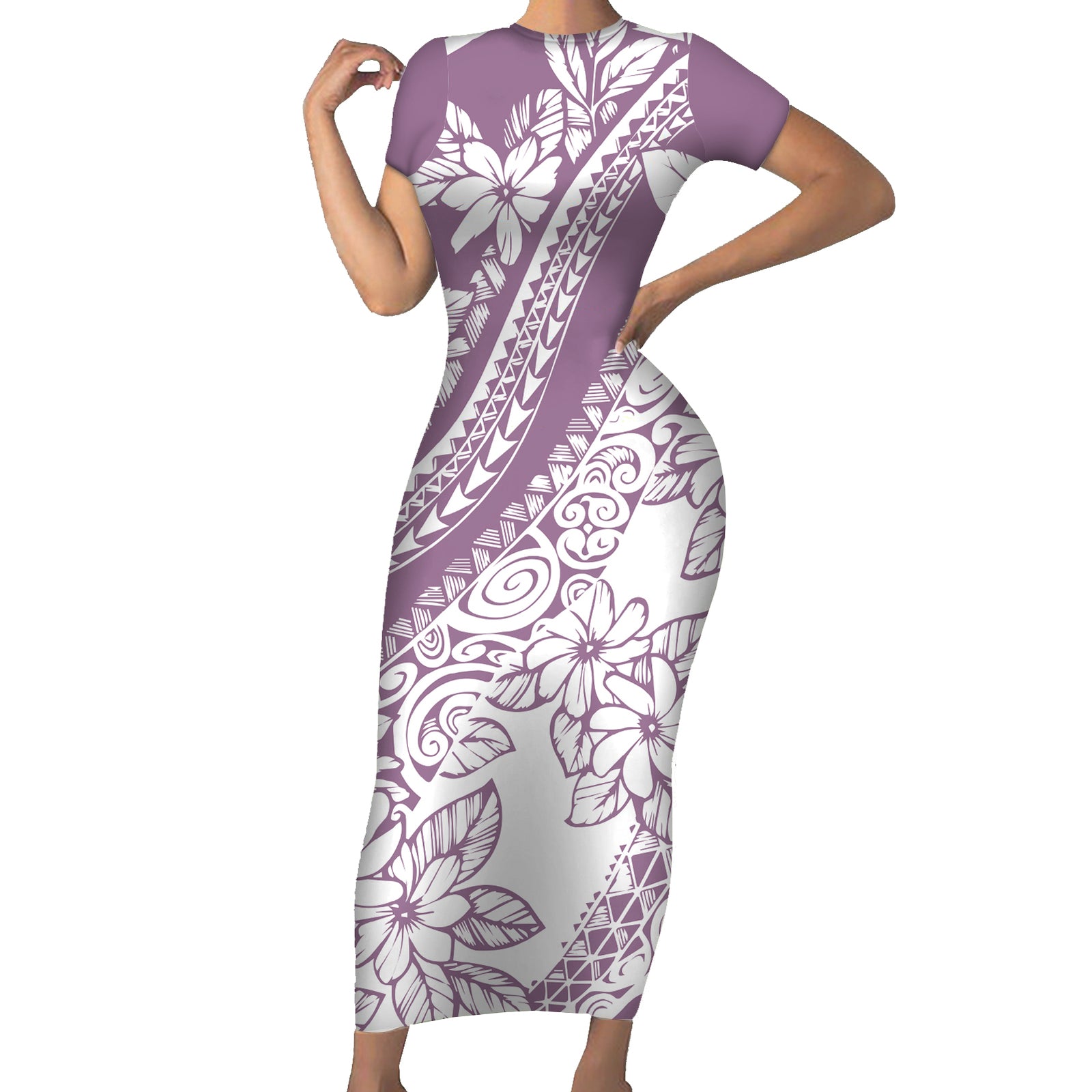 Polynesia Short Sleeve Bodycon Dress Polynesian Tropical Flowers Purple Pastel Vibes LT14 Long Dress Purple - Polynesian Pride
