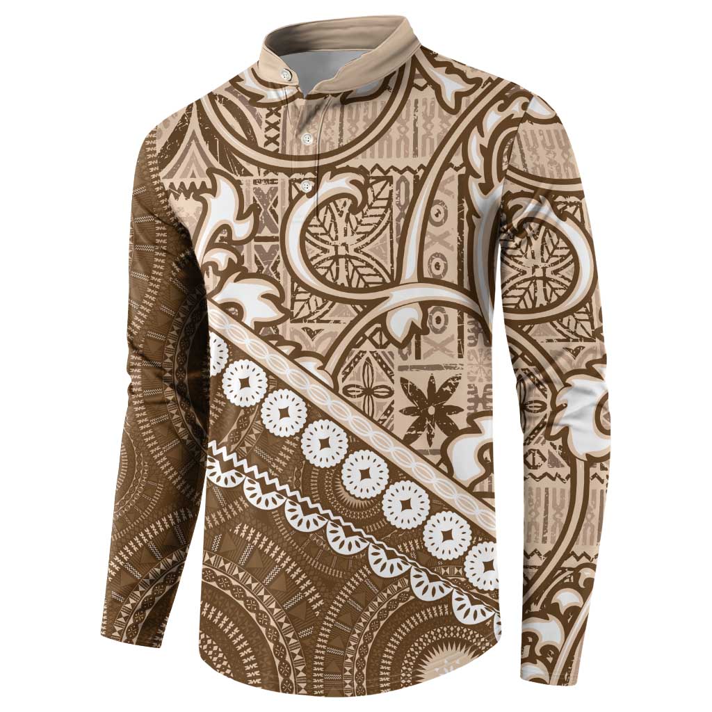 Beige Bula Fiji Button Sweatshirt Fijian Language Week Tapa Cloth - Pastel