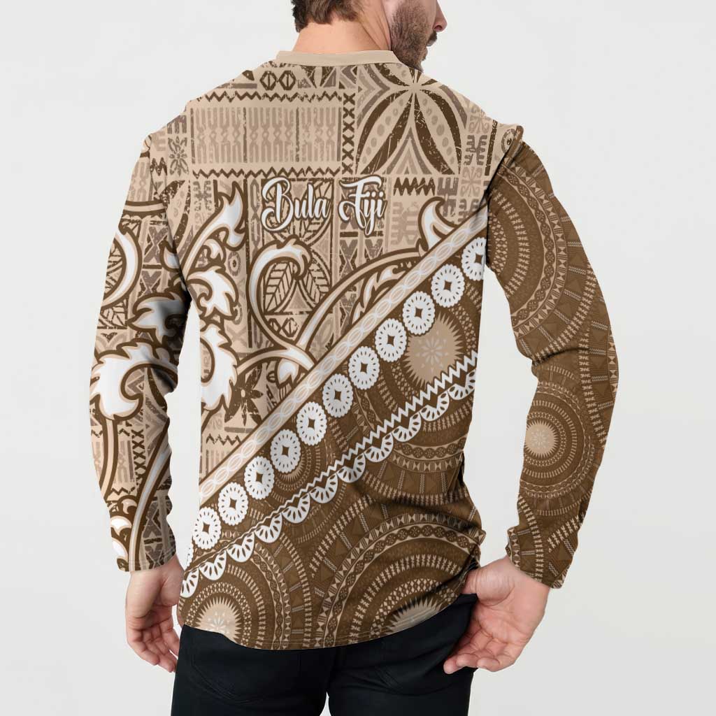 Beige Bula Fiji Button Sweatshirt Fijian Language Week Tapa Cloth - Pastel