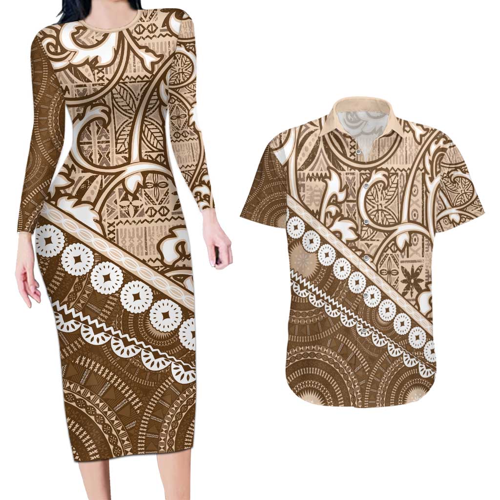 Beige Bula Fiji Couples Matching Long Sleeve Bodycon Dress and Hawaiian Shirt Fijian Language Week Tapa Cloth - Pastel LT14 Beige - Polynesian Pride