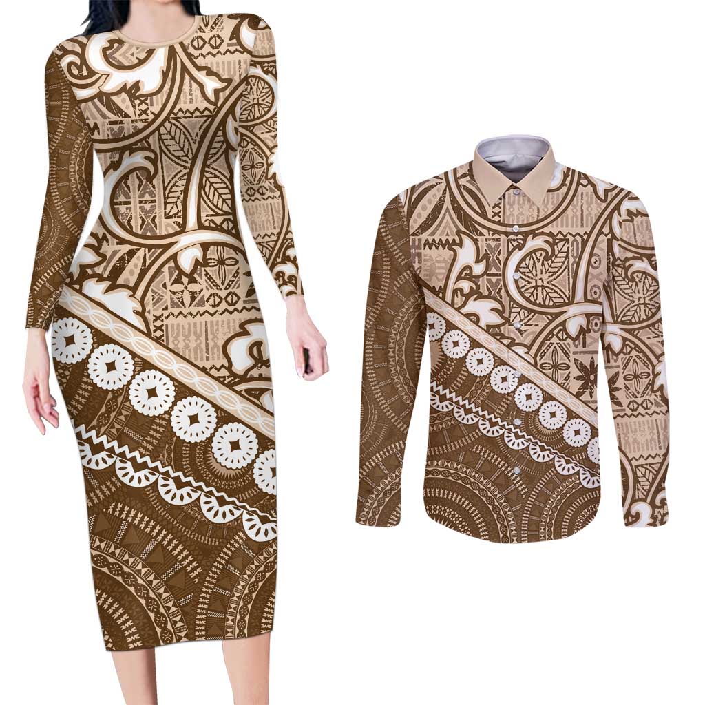 Beige Bula Fiji Couples Matching Long Sleeve Bodycon Dress and Long Sleeve Button Shirt Fijian Language Week Tapa Cloth - Pastel LT14 Beige - Polynesian Pride