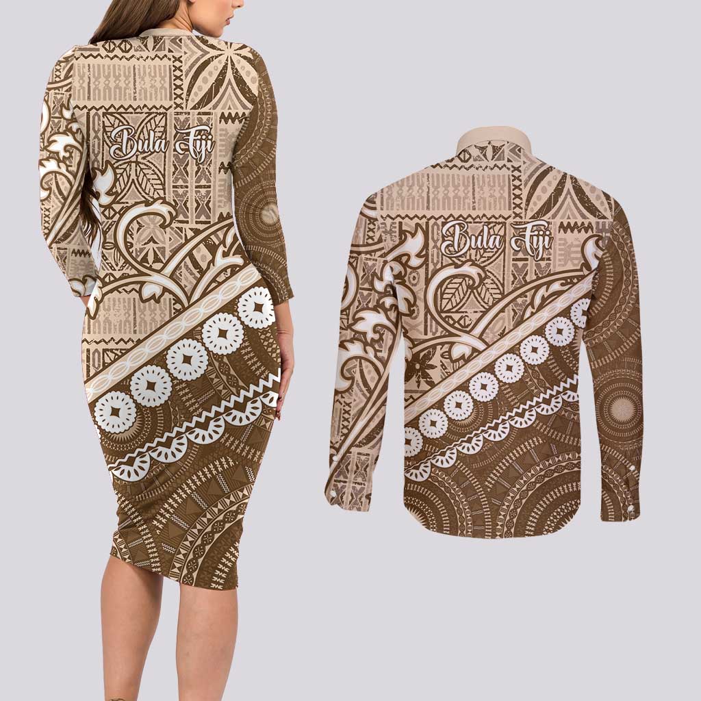 Beige Bula Fiji Couples Matching Long Sleeve Bodycon Dress and Long Sleeve Button Shirt Fijian Language Week Tapa Cloth - Pastel LT14 - Polynesian Pride