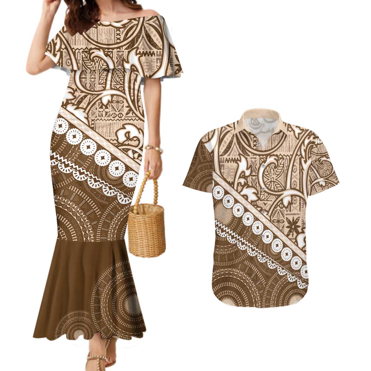 Beige Bula Fiji Couples Matching Mermaid Dress and Hawaiian Shirt Fijian Language Week Tapa Cloth - Pastel LT14 Beige - Polynesian Pride