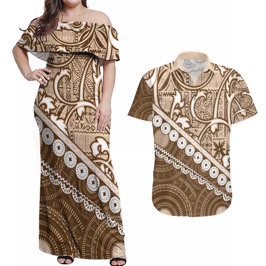 Beige Bula Fiji Couples Matching Off Shoulder Maxi Dress and Hawaiian Shirt Fijian Language Week Tapa Cloth - Pastel LT14 Beige - Polynesian Pride
