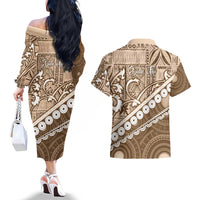 Beige Bula Fiji Couples Matching Off The Shoulder Long Sleeve Dress and Hawaiian Shirt Fijian Language Week Tapa Cloth - Pastel LT14 - Polynesian Pride