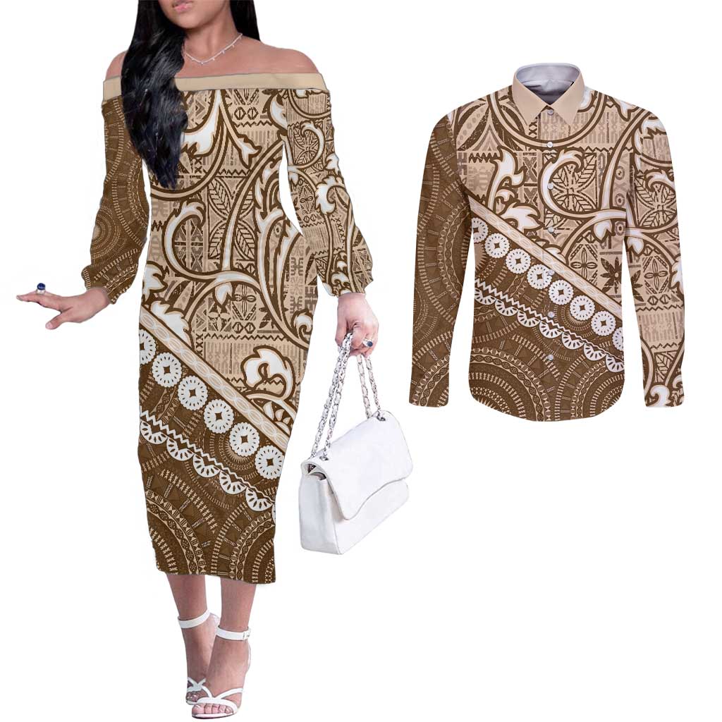 Beige Bula Fiji Couples Matching Off The Shoulder Long Sleeve Dress and Long Sleeve Button Shirt Fijian Language Week Tapa Cloth - Pastel LT14 Beige - Polynesian Pride