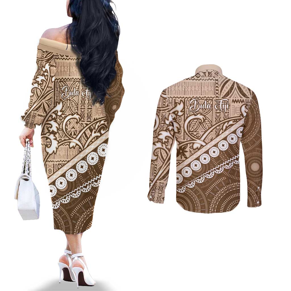 Beige Bula Fiji Couples Matching Off The Shoulder Long Sleeve Dress and Long Sleeve Button Shirt Fijian Language Week Tapa Cloth - Pastel LT14 - Polynesian Pride