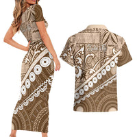 Beige Bula Fiji Couples Matching Short Sleeve Bodycon Dress and Hawaiian Shirt Fijian Language Week Tapa Cloth - Pastel LT14 - Polynesian Pride