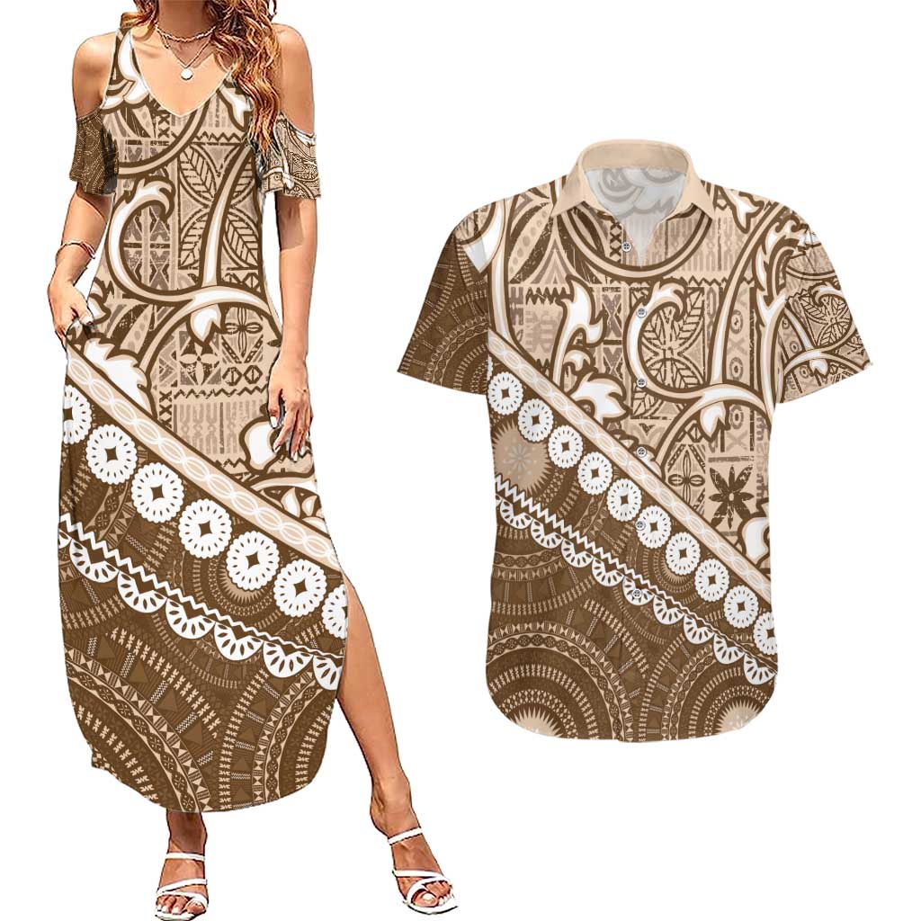 Beige Bula Fiji Couples Matching Summer Maxi Dress and Hawaiian Shirt Fijian Language Week Tapa Cloth - Pastel LT14 Beige - Polynesian Pride