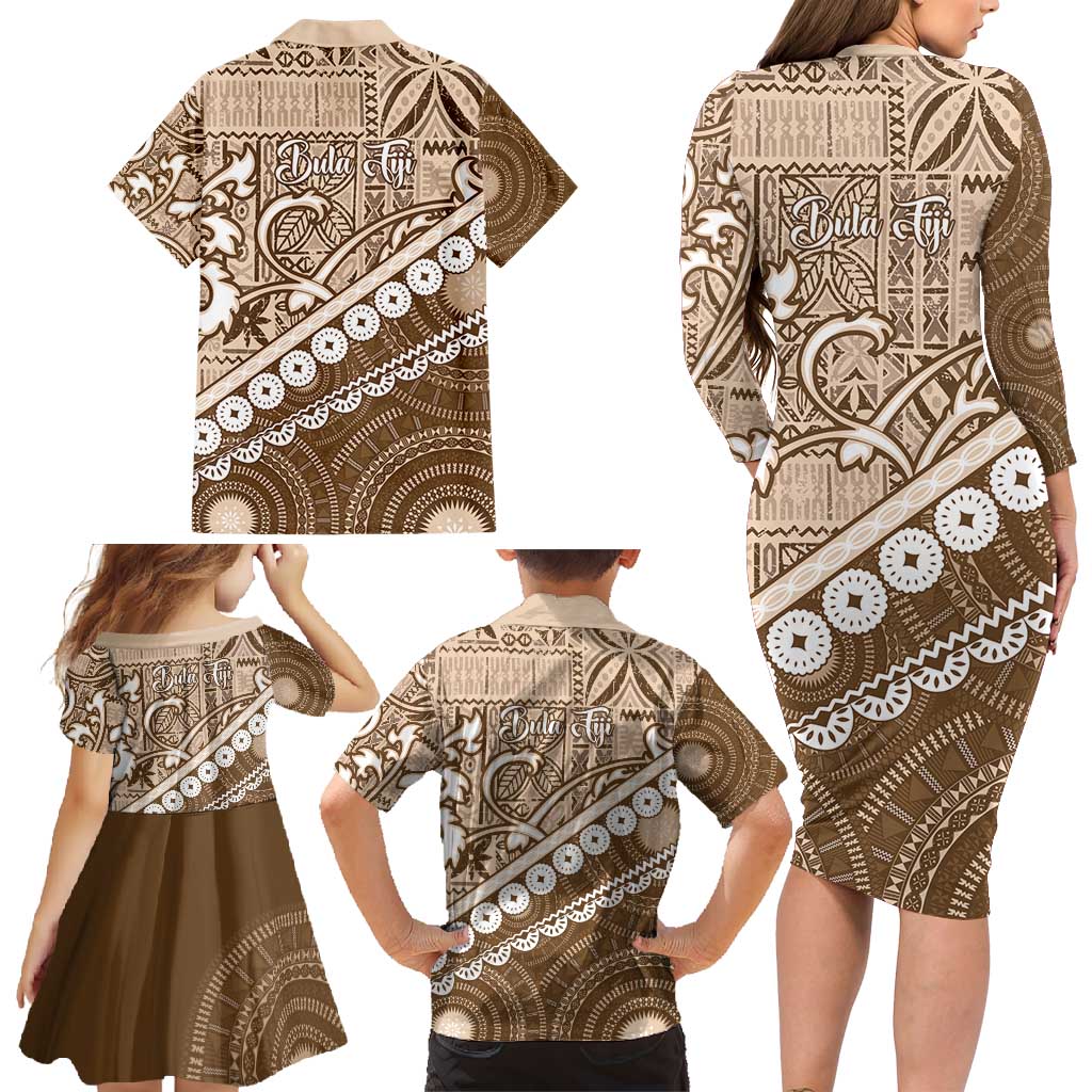 Beige Bula Fiji Family Matching Long Sleeve Bodycon Dress and Hawaiian Shirt Fijian Language Week Tapa Cloth - Pastel LT14 - Polynesian Pride