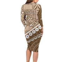 Beige Bula Fiji Family Matching Long Sleeve Bodycon Dress and Hawaiian Shirt Fijian Language Week Tapa Cloth - Pastel LT14 - Polynesian Pride