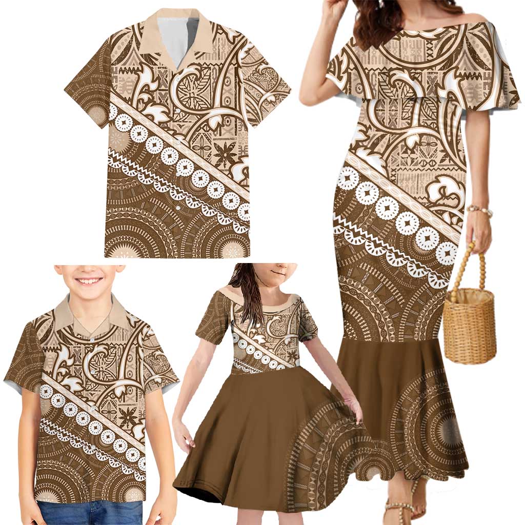 Beige Bula Fiji Family Matching Mermaid Dress and Hawaiian Shirt Fijian Language Week Tapa Cloth - Pastel LT14 - Polynesian Pride