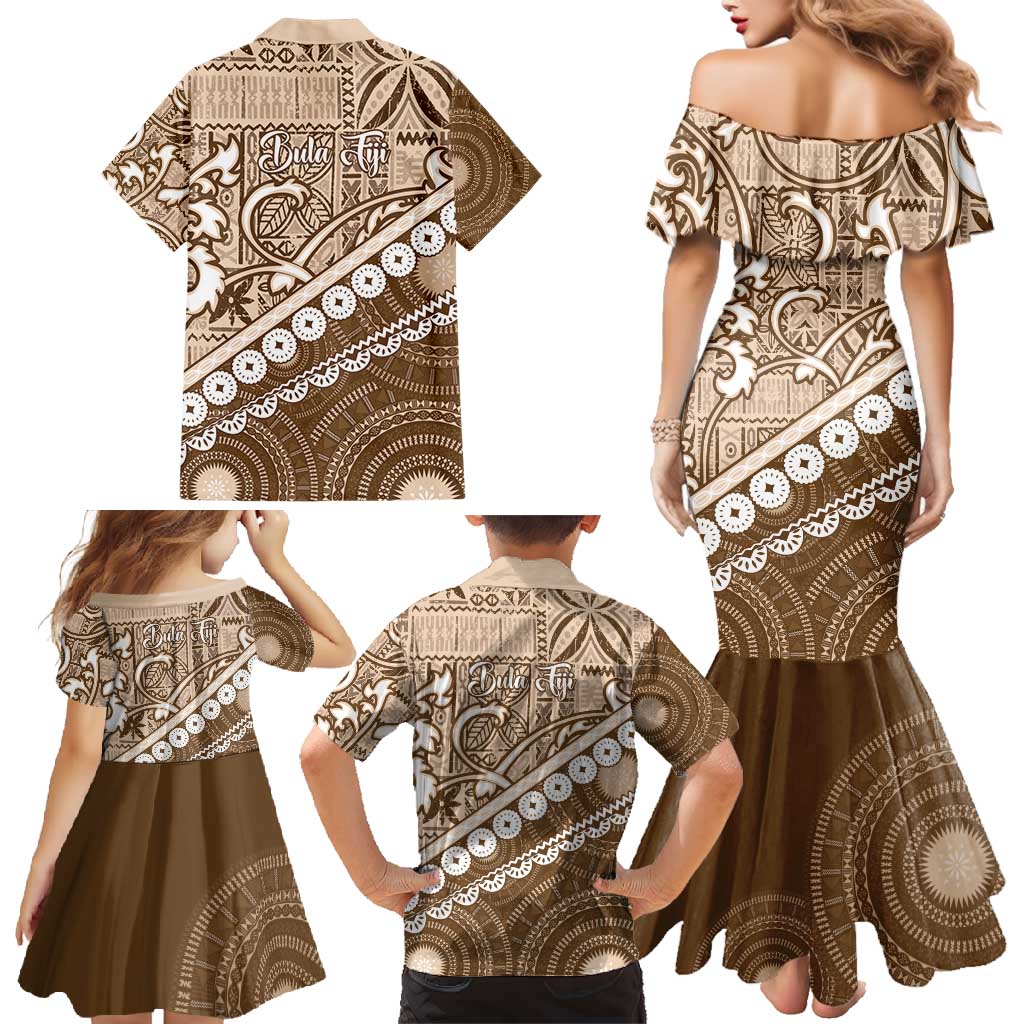 Beige Bula Fiji Family Matching Mermaid Dress and Hawaiian Shirt Fijian Language Week Tapa Cloth - Pastel LT14 - Polynesian Pride