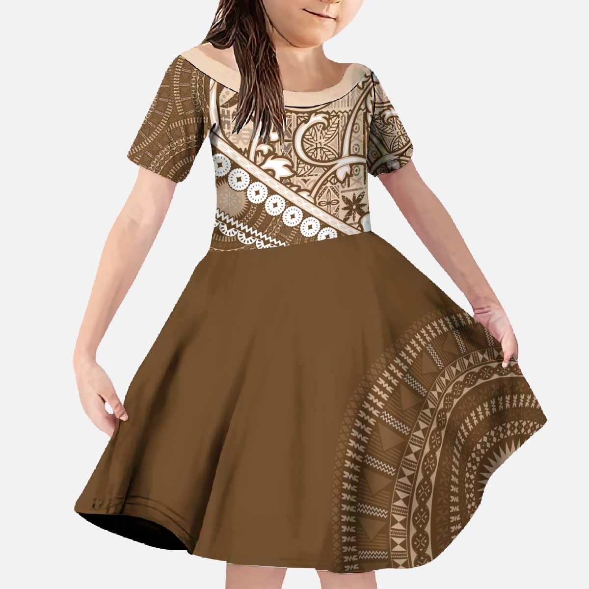 Beige Bula Fiji Family Matching Off The Shoulder Long Sleeve Dress and Hawaiian Shirt Fijian Language Week Tapa Cloth - Pastel LT14 Daughter's Dress Beige - Polynesian Pride
