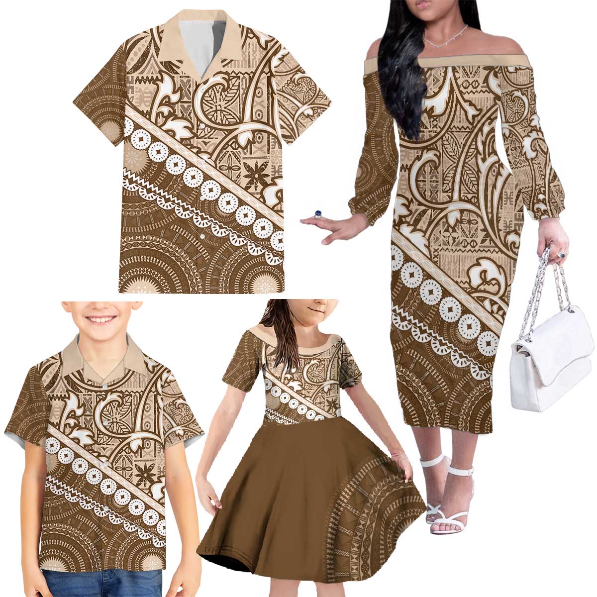 Beige Bula Fiji Family Matching Off The Shoulder Long Sleeve Dress and Hawaiian Shirt Fijian Language Week Tapa Cloth - Pastel LT14 - Polynesian Pride